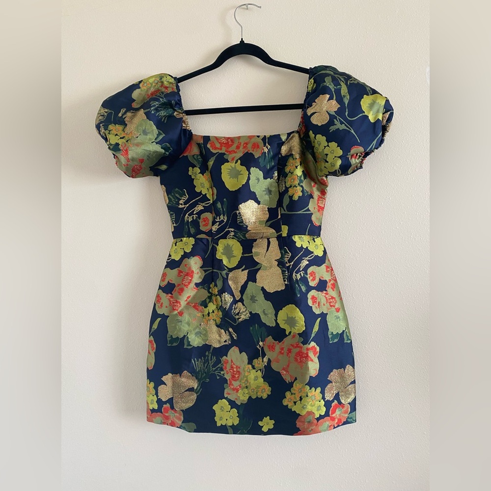 Lulus navy blue floral jacquard puff sleeve mini dress, size small